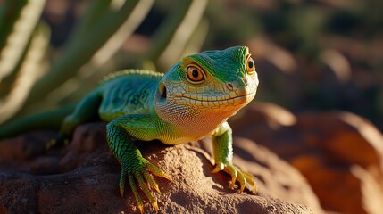 Fototapeta premium A green lizard with orange eyes perched on a rock, looking directly at the camera.