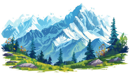 Fototapeta premium Watercolor Mountain Landscape with Lush Greenery and Snowy Peaks,beautiful mountains vector illustration with picturesque mountain views , 