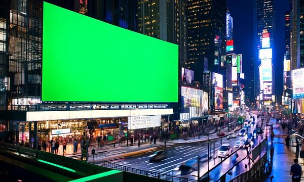 Nighttime view of Times Square with a prominent green billboard.