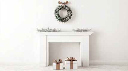 Minimalist holiday decor with gifts and wreath above mantel