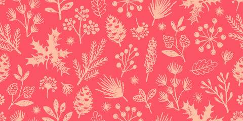 Christmas pattern. Seamless floral vector. Crayon pastel plant. Winter and Christmas flower background. Pink holiday design with mistletoe, branch, berry. Red crayon childish element. Cute pattern bg