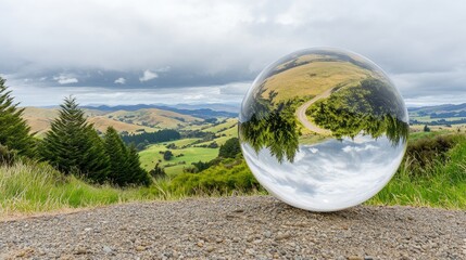 The reflective sphere contrasts beautifully against green grass, capturing the breathtaking mountains and sky of New Zealand during twilight, creating a serene atmosphere