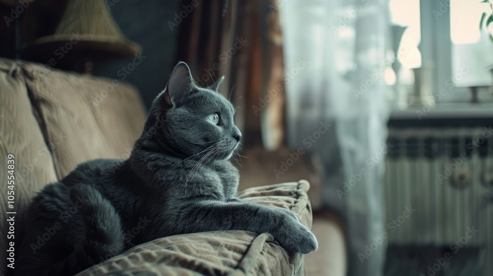 Poster a serene gray cat lounges comfortably on a soft couch, gazing out a window with sheer curtains that 
