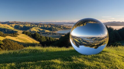 The reflective sphere contrasts beautifully against green grass, capturing the breathtaking mountains and sky of New Zealand during twilight, creating a serene atmosphere