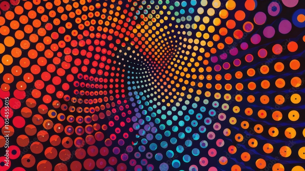 Poster an abstract artwork of vibrant, colorful dots creating a spiraling pattern, inviting viewers to expl
