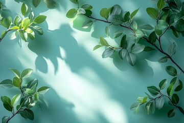 Obraz premium Botanical composition featuring lush green leaves casting shadows on a pastel blue background during daylight