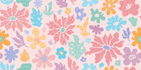 Pattern with flower. Floral seamless Easter spring flower vector. Abstract background with simple shape. Summer or spring graphic design. Cute modern matisse print. Nature seamless pattern background