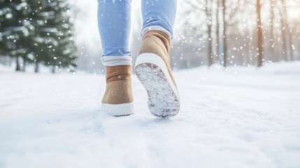 Walking on a snowy path in winter with warm boots