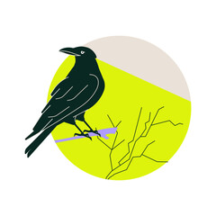 Raven perched on a branch symbolizing mystery, nature, and gothic themes, flat vector illustration isolated on white background