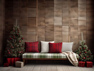 Modern and classic styles inspired scandinavian living room with Christmas tree and Christmas decor and Christmas tartan plaid accents. Festive season interior.