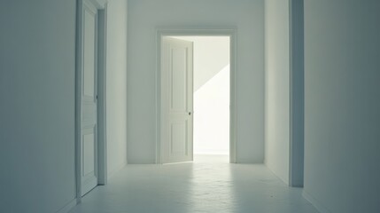 A single open door in a white hallway, symbolizing opportunity and new beginnings