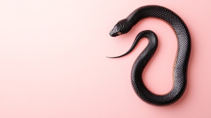 Obraz premium Black snake on pink background, minimalist design