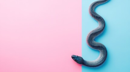 Fototapeta premium Black snake on split pink and blue background