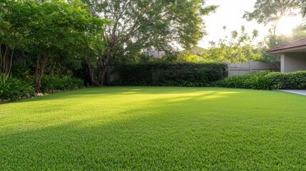 Naklejka premium Lush green lawn surrounded by vibrant landscaping in a serene backyard setting