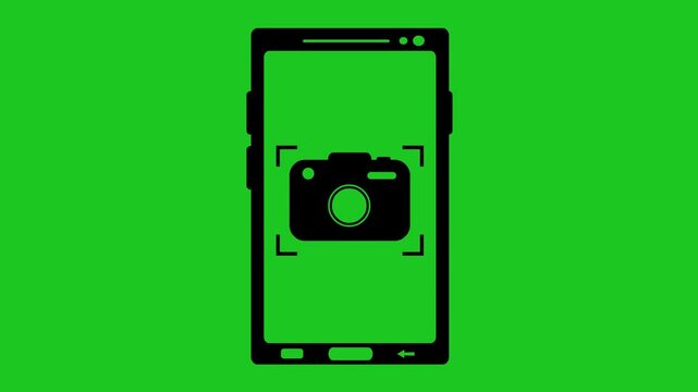 video animation black icon of mobile phone and photo camera in screenshot app concept, on a green chroma key background
