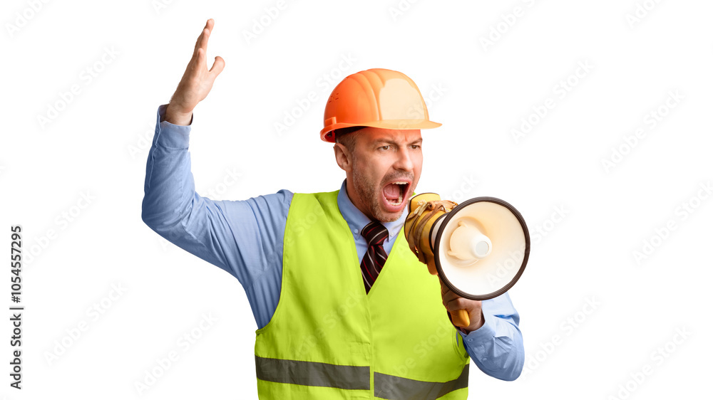 Poster angry housebuilder worker shouting in megaphone standing posing over white studio background. constr