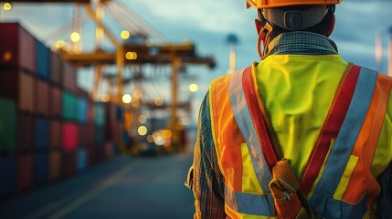 Construction Worker Overlooking Shipping Containers at Industrial Port During Twilight with Safety Gear and Helmet