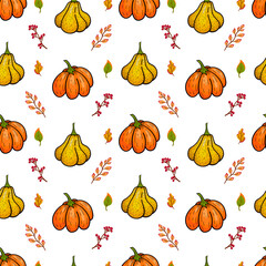Seamless autumn pattern. Hand drawn yellow and orange pumpkins and bright leaves on white background. Design for Halloween holiday costume, greeting card, banner, party invitation. 