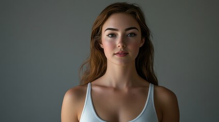 Fototapeta premium Beautiful woman in white T-shirt Female breast dark background