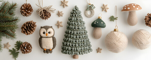 Handcrafted Woodland Charm: Festive Christmas Decor with a Natural Touch, DIY Knitting Ornaments Xmas  Banner Background Wallpaper, Top Down View Design
