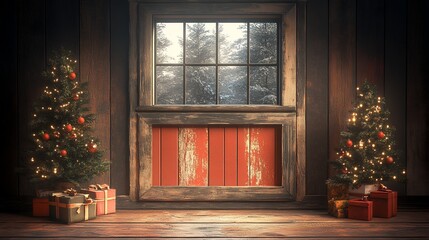 Two decorated Christmas trees with string lights and red ornaments on either side of rustic wooden wall. Christmas and winter celebration concept.