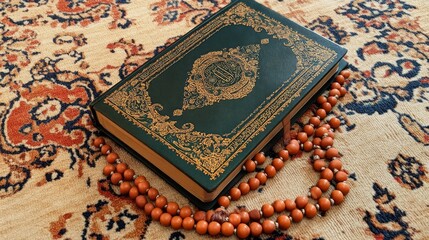Ornate Quran on Traditional Carpet with Prayer Beads
