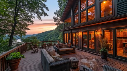 A large wooden deck with a view of a lake and mountains at sunset.