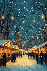 Obraz premium A vibrant, colorful illustration of a bustling Christmas market at night, with people, lights, and snow