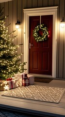 The front porch is beautifully decorated for the holiday season, showcasing a wreath, twinkling lights, and neatly wrapped gifts beneath a gentle snowfall