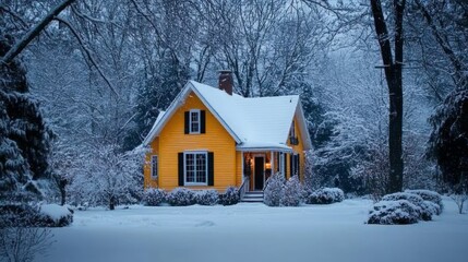 Cozy Yellow House in Winter Wonderland
