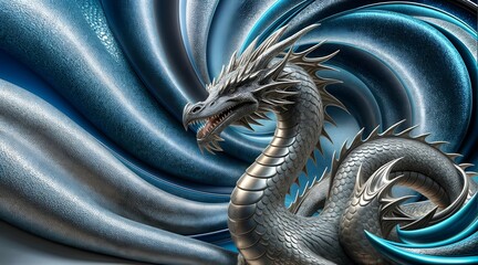 mythical dragon illustration on shimmering blue and silver gradient with detailed textures
