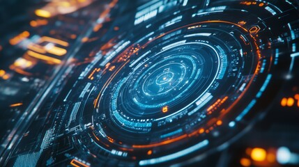 Futuristic Digital Interface with Abstract Circular Patterns and Neon Lights