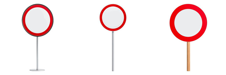 Three circular road signs with red borders and blank centers on different types of poles, set against a black background.