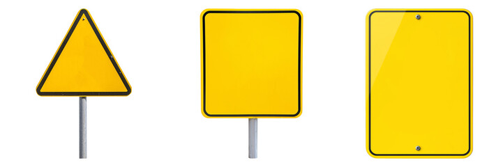 The image features three yellow road signs: a triangular warning sign, a square informational sign, and a rectangular sign, all on metal poles.