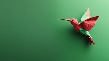Colorful Origami Hummingbird on Green Background