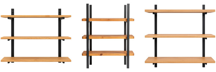 Three wooden shelving units with metal frames, showcasing a modern design, suitable for various organizational needs and home decor.