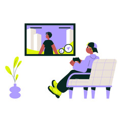 Man playing video game on TV while sitting on a sofa, controller in hand, flat vector illustration isolated on white background