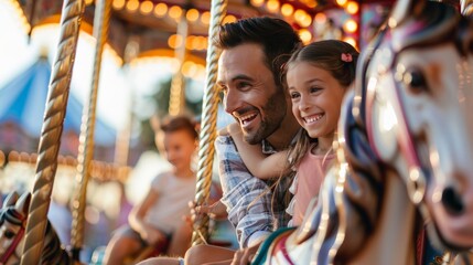 A family enjoying a day at an amusement park, riding a carousel