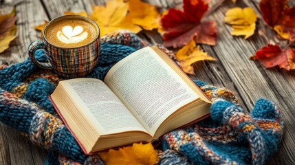Cozy Autumn Scene with Open Book and Coffee Cup
