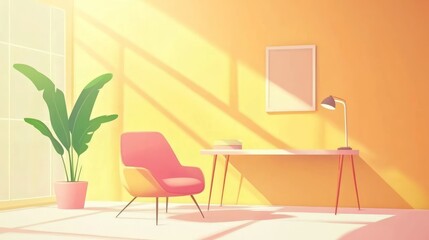 Bright and Modern Living Room Interior with Pink Chair and Green Plant