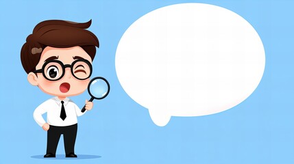 A cartoon man with glasses and a magnifying glass looks intensely at a blank speech bubble.