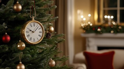 A vintage clock ornament beautifully decorates a Christmas tree, surrounded by glowing lights and...