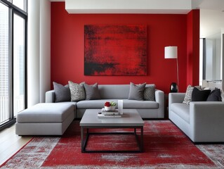 Red walls combined with minimalist gray furniture and a neutral rug for a polished