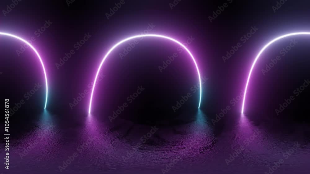 Poster 360 degree video of futuristic neon arcs in dark environment looping seamless 3 render animation