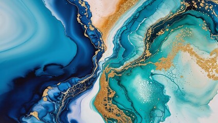 Abstract painting with flowing blue and gold marble patterns, featuring luxurious textures and organic shapes, creating a vibrant and dynamic composition.
