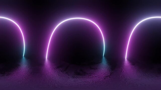 360 degree video of Futuristic Neon Arcs in Dark Environment looping seamless 3 render animation