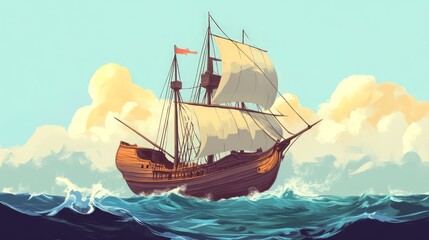 Obraz premium Illustration of a Sailing Ship on Turbulent Waters