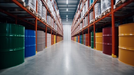 Fototapeta premium Organized Warehouse with Multicolored Storage Barrels