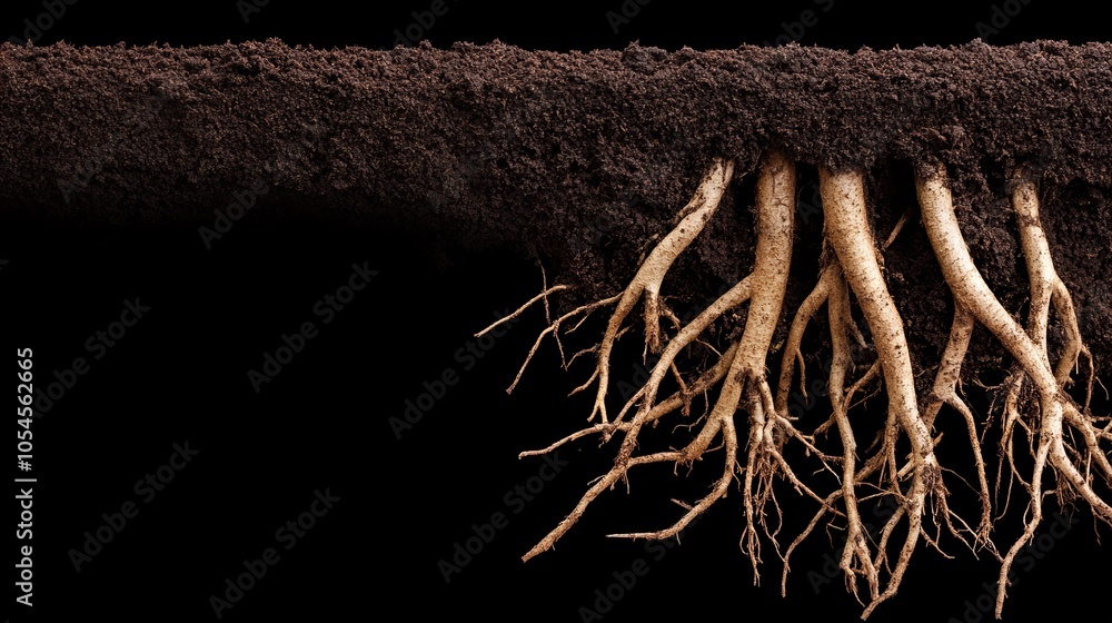 Poster close-up of tree roots emerging from the soil, showcasing a network of intricate branches.