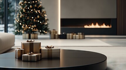 A Christmas tree glistens with golden ornaments, positioned next to a crackling fireplace, creating a warm atmosphere and surrounded by wrapped gifts